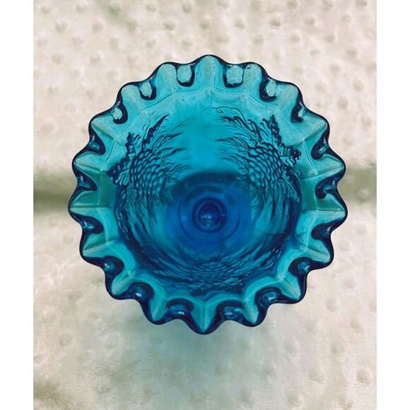 Vintage L E Smith Turquoise Blue, Grape Pattern, Crimped Rim, Footed Candy Dish - Picture 2 of 6